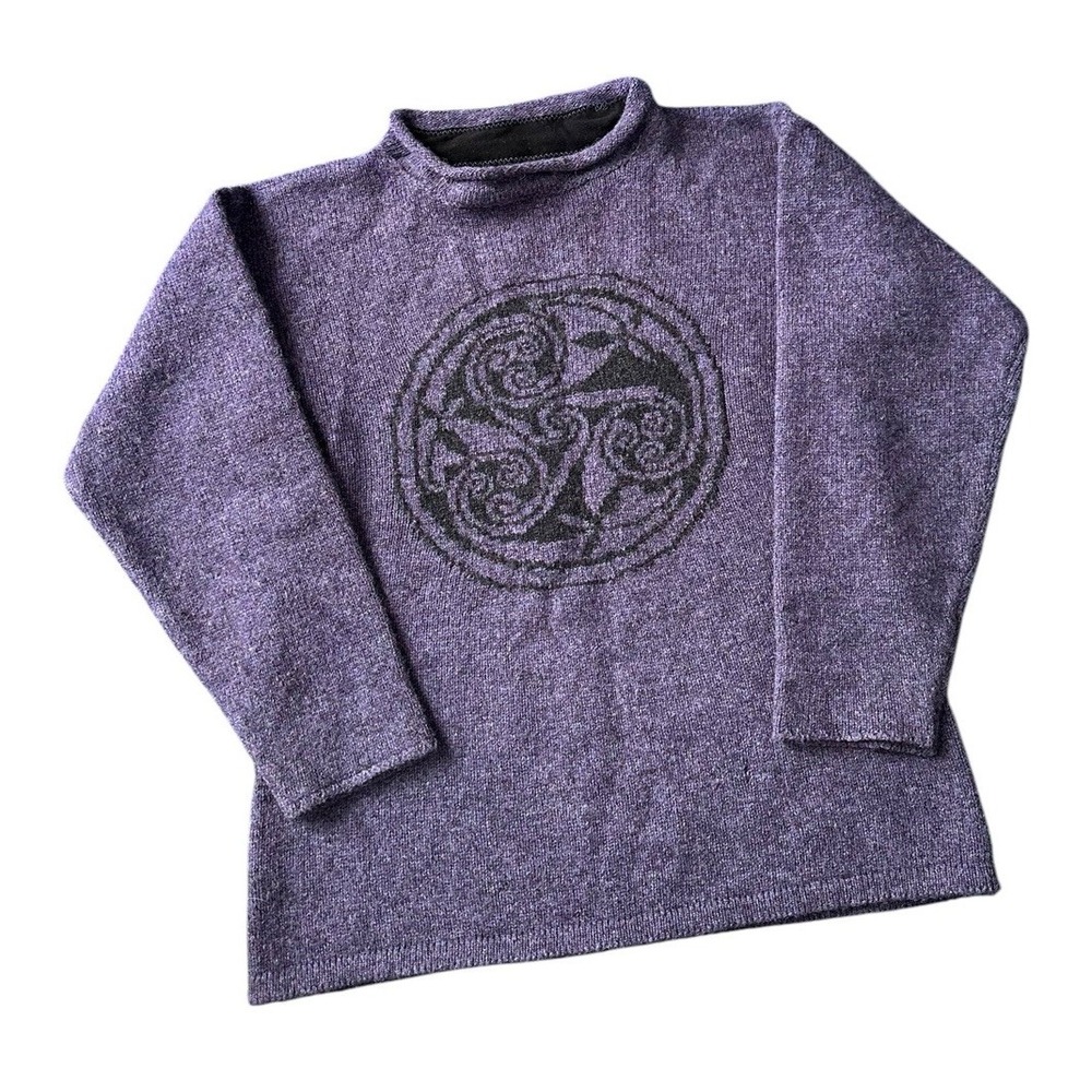 Vtg Margaret Hamilton Shetland Wool Sweater M Triskele Symbol Purple Roll Neck